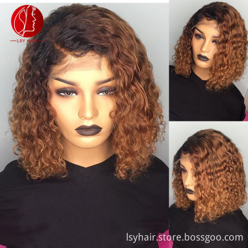 Lsy Ombre Color 1B30 1B99J Short Curly Wig Water Wave 150 Density Human Hair Lace Front Wigs Curly Hair Bob Wigs